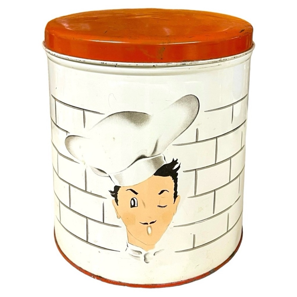 Vtg 50's PARMECO Winking Chef metal canister Red lid